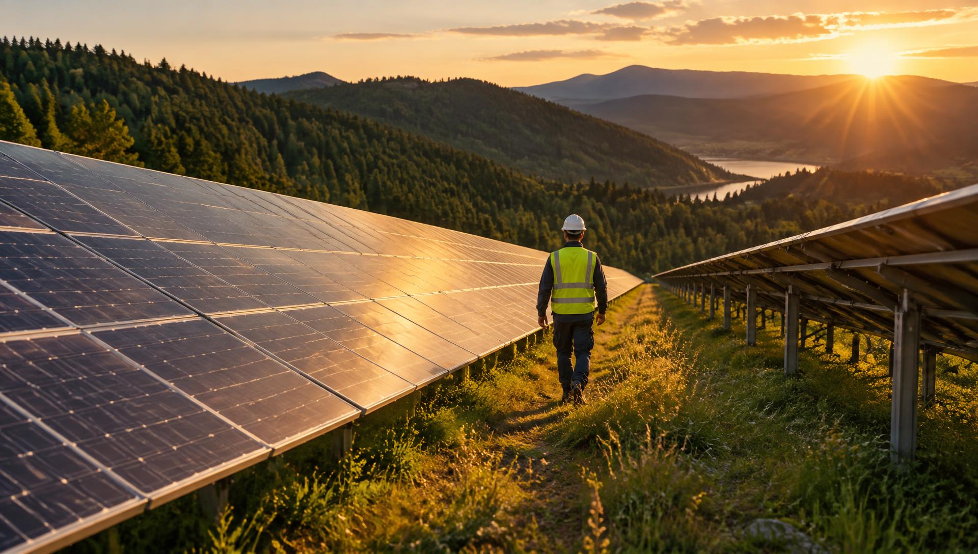 Planta solar al atardecer con un trabajador recorriendo las filas de paneles