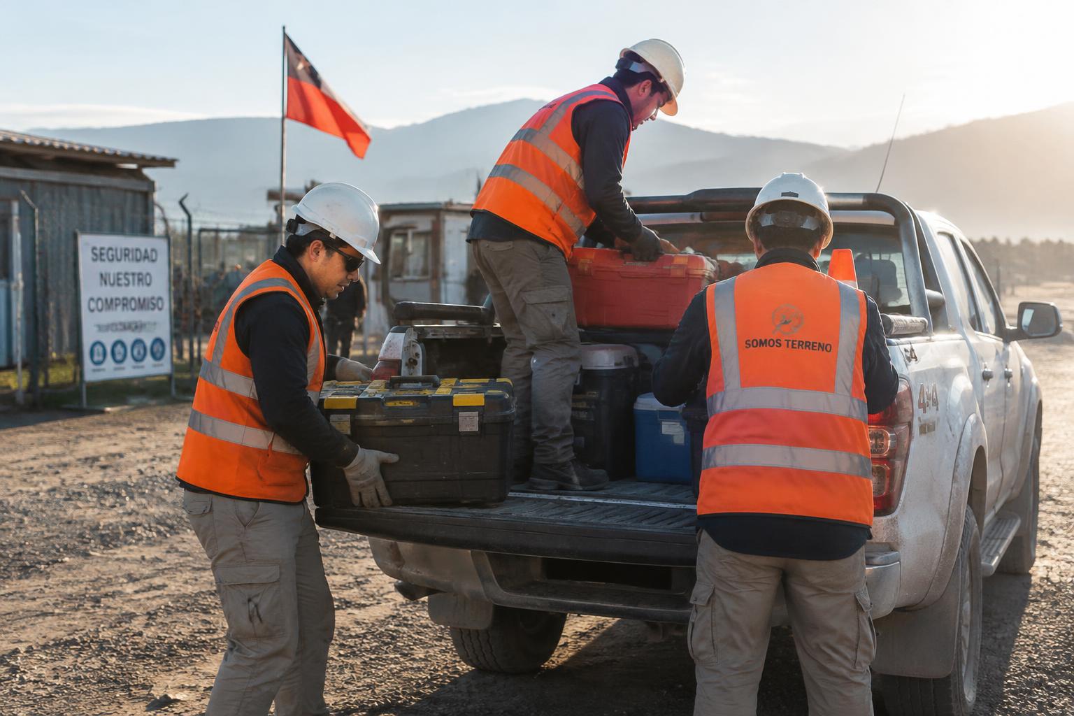 Cuadrilla de trabajadores preparando herramientas antes de la jornada en terreno