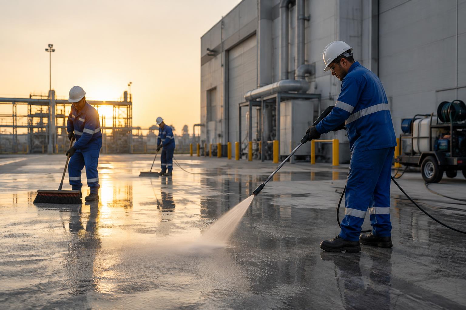 Cuadrilla lavando y barriendo una explanada industrial