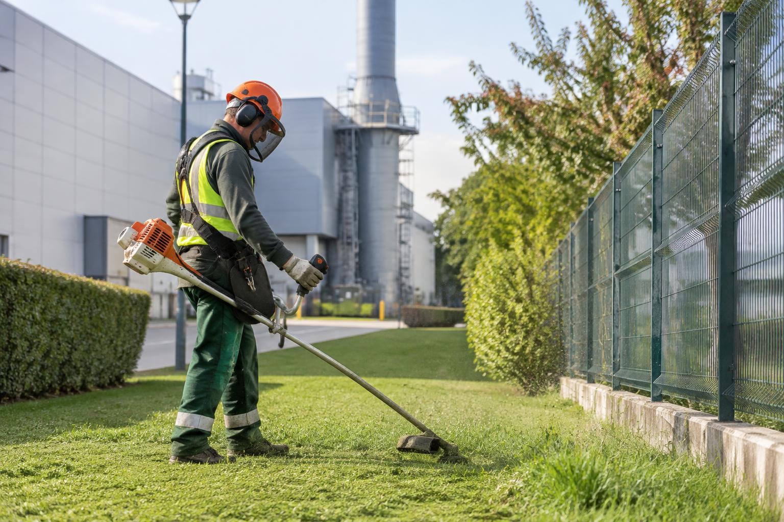 Operario cortando pasto en el perímetro de una planta industrial
