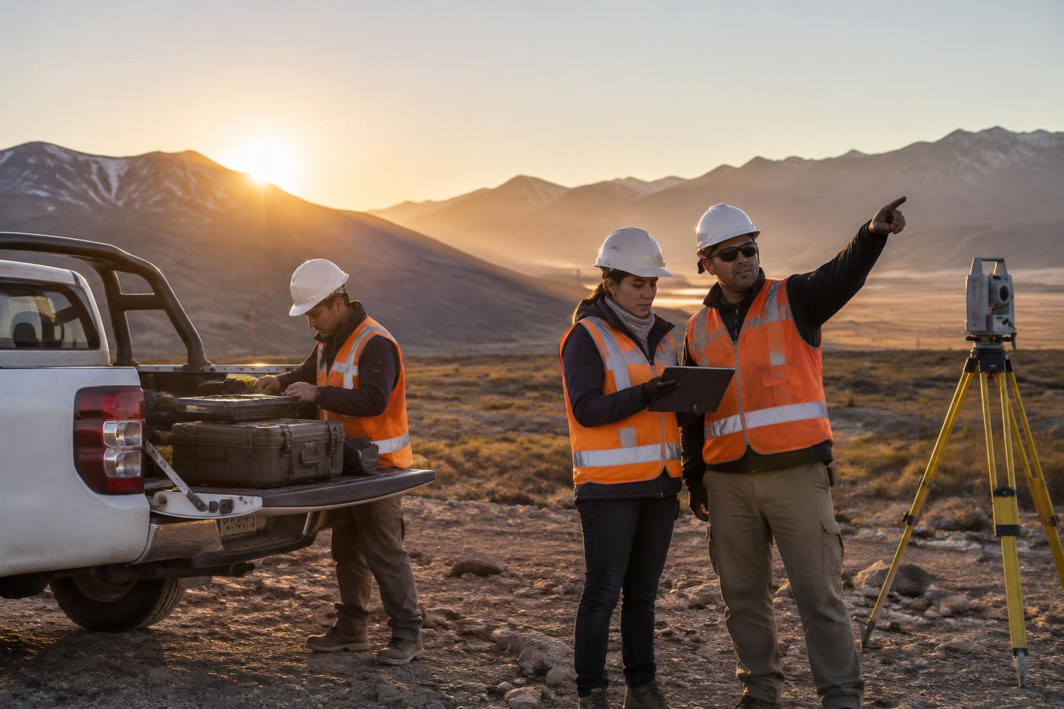 Equipo de trabajo coordinando labores en terreno junto a una camioneta